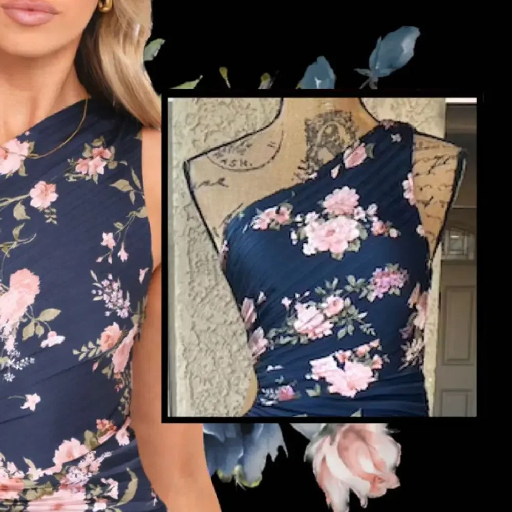 Petal & Pup Pleated Navy Floral One Shoulder Kleo Maxi Dress Size S - Picture 3 of 14